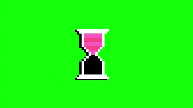 Retro pixel art hourglass with pink sand flowing on a vibrant green background