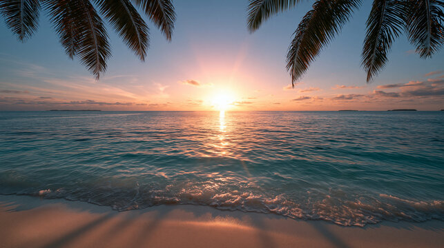 Beautiful Sunset on Tropical Beach with Palm Trees