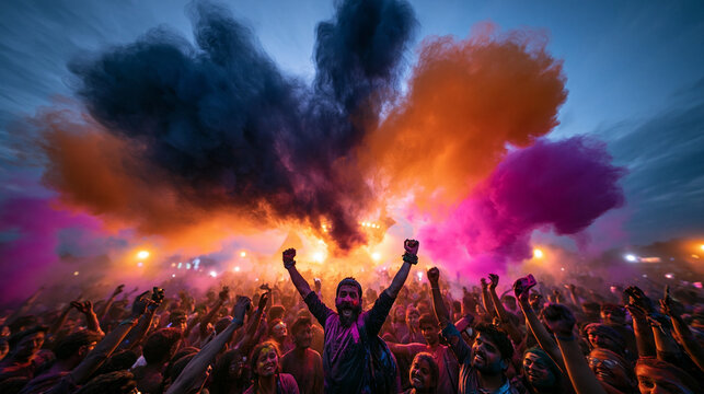 Crowd Celebrating at Holi Festival with Colorful Powder Explosions