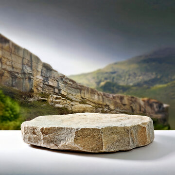 Natural Stone Rock Podium on White Surface with Mountain Cliff Landscape Background