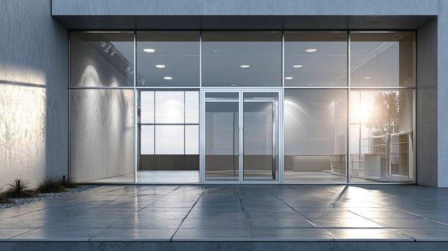 Modern building entrance with glass facade, automatic sliding doors, and surrounding area