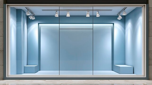Modern minimalist retail showcase window with blue interior and lighting display
