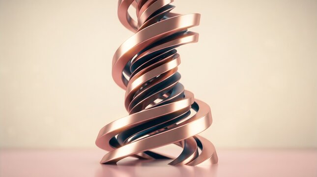 Abstract rose gold metallic spiral, twisted copper coil sculpture, modern geometric form, shiny surface texture, minimalist composition background