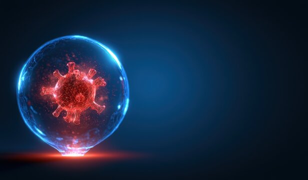 Red wireframe virus cell trapped inside transparent blue glass sphere, medical research and pandemic prevention science concept