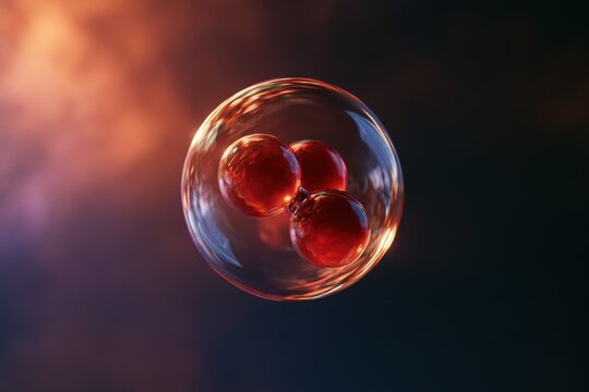 Transparent glass sphere with three red cell structures and warm light, cellular biology and medical science concept