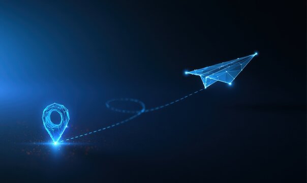 Blue wireframe paper airplane flying toward map location pin with dashed trajectory, navigation and travel destination concept
