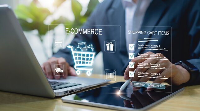 Close up of hands using laptop and tablet with holographic e-commerce shopping cart interface, displaying checkout process, product list and payment options for online retail