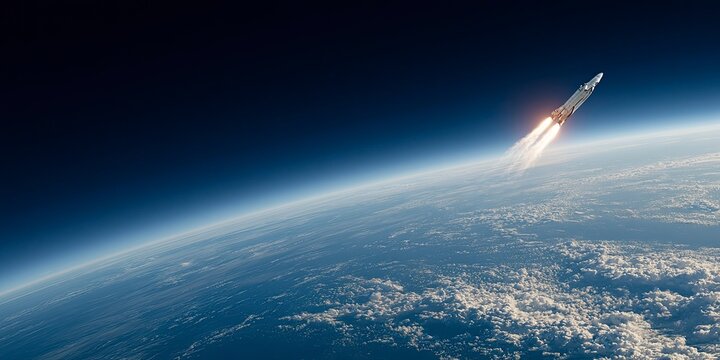 Satellite Launch Rocket Ascending to Space Above Earth's Atmosphere