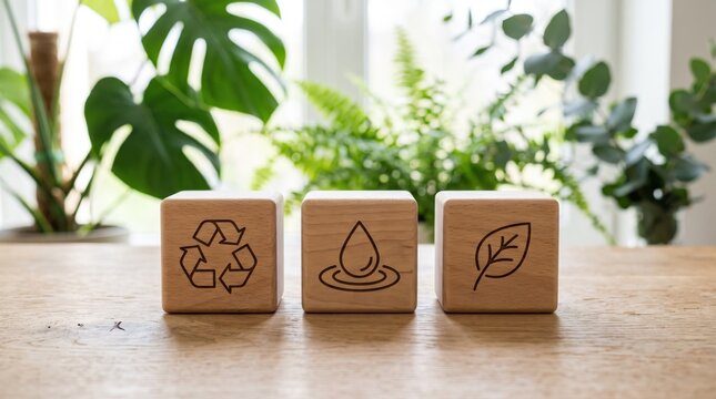 Three wooden cubes with recycling, water drop, and leaf icons representing eco-friendly sustainability on a table with green plants background.