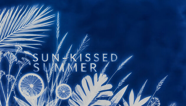 Sun-Kissed Summer cyanotype style flat vector banner with blue botanicals