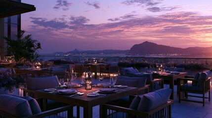 Fototapeta premium Elegant rooftop dining area overlooking sunset sky with city and mountain view