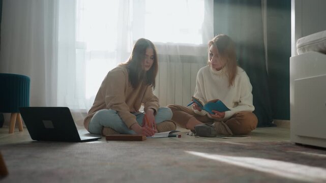 Cozy home tutoring session caucasian tutor guiding student through grammar exercises, sitting on carpet near sunlit window with laptop, notebooks and pens, warm ambient light, patient explanations,