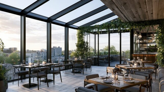 Modern Restaurant Interior with Floor-to-Ceiling Windows and City View