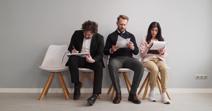 Candidates and applicants waiting for interview and hiring. Three jobseekers fill paperwork on clipboards in a bright lobby, preparing for recruitment by HR. Clear concept of the hiring process.