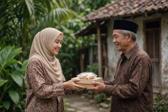 An elderly man in a peci hat receives a box of food from a smiling young woman wearing a beige hijab.