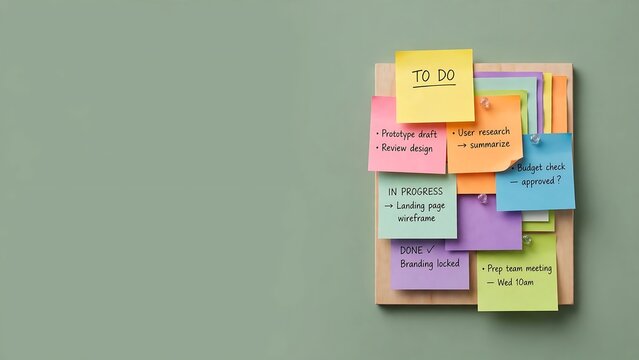 Vibrant sticky notes on a wooden board showcasing project management and task organization