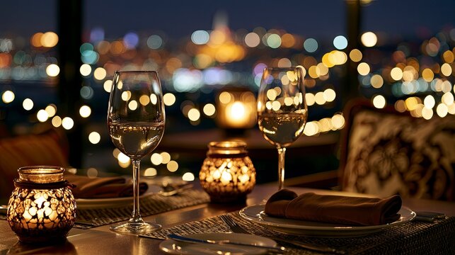 Elegant restaurant table setting with wine glasses and cityscape view at night