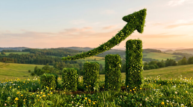 Growth concept with an arrow shaped hedge rising from a bar graph of greenery against a scenic landscape at sunset
