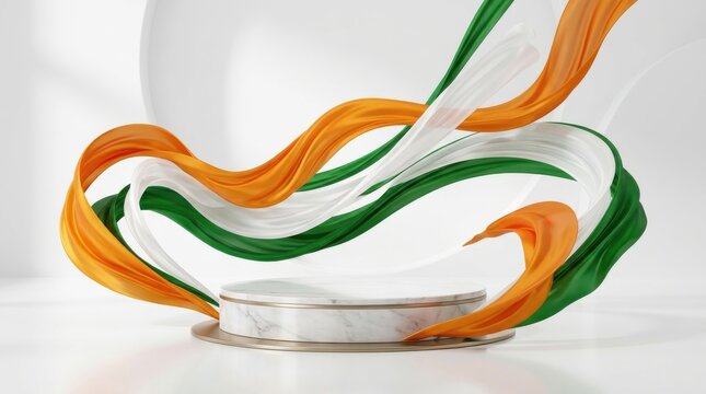 A white circular product display podium surrounded by flowing ribbons in saffron white and green colors representing the indian national flag for patriotic celebrations