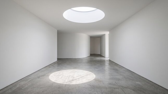 Minimalist empty white room interior with concrete floor and large circular skylight casting natural sunlight shadow, perfect for architectural design and modern art gallery.
