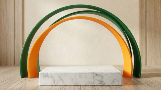 A minimalist product display features a vibrant arched backdrop in varying shades of green orange and white ideal for presenting cosmetics or smaller retail items