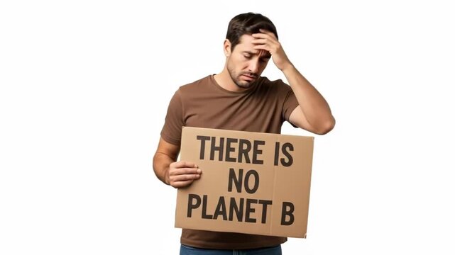Stressed man holding a cardboard sign that says there is no planet b