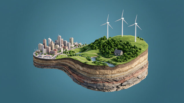 Detailed three dimensional rendering of a floating island with wind turbines city skyline and geological layers below
