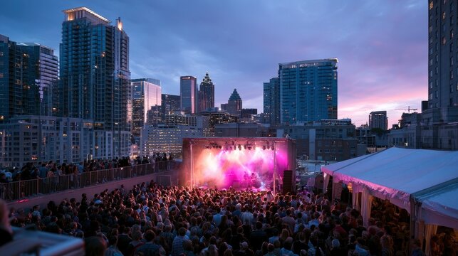 Outdoor concert in a vibrant city skyline during dusk with stage lighting and audience