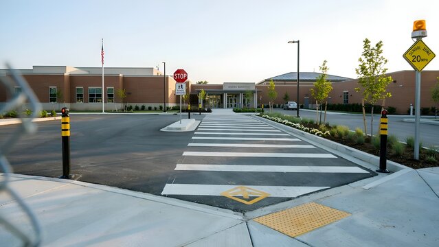 Elementary school exterior with crosswalk and stop sign on a sunny day