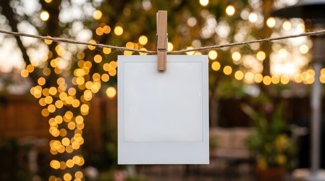 Blank instant photo hanging on string with outdoor golden fairy lights