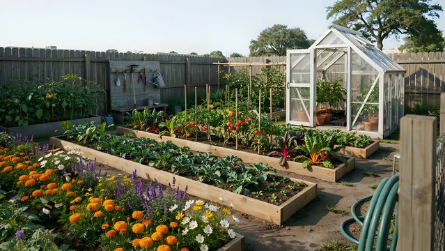 A backyard vegetable garden features raised beds and a small greenhouse structure