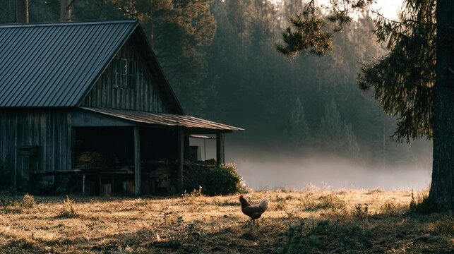 Vintage Wooden Cabin in Misty Forest with Chicken on Morning Grass