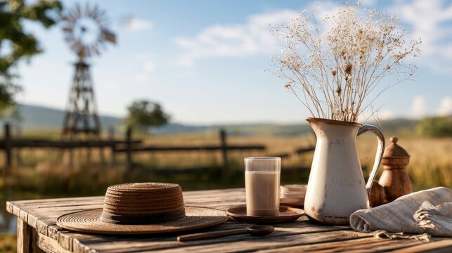 Rustic outdoor scene with wooden table, pitcher, flower bouquet, and glass of milk on countryside backdrop