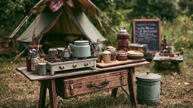 Vintage Outdoor Camping Kitchen Setup with Cooking Stove and Food Supplies