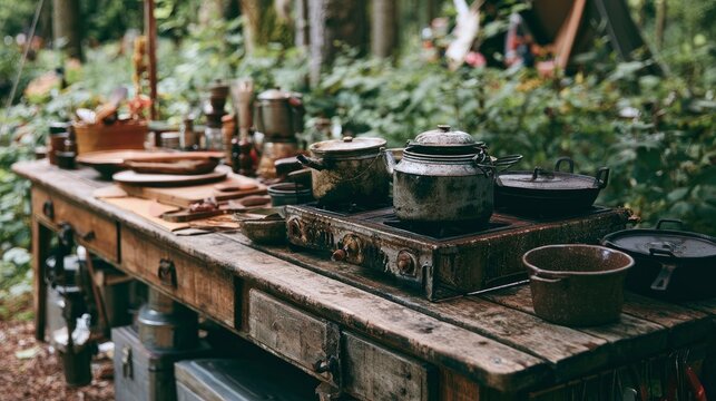 Rustic outdoor kitchen setup with vintage cookware and utensils on wooden table