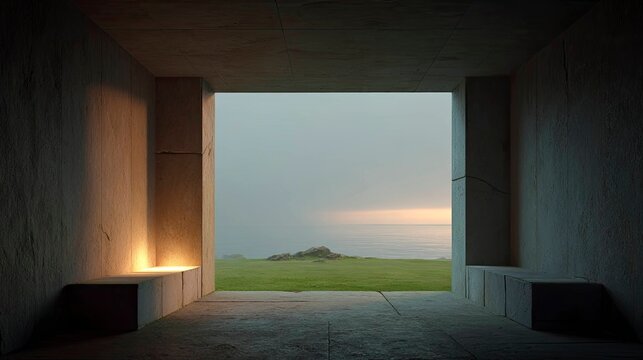 Modern architectural tunnel opening with urban view and natural landscape