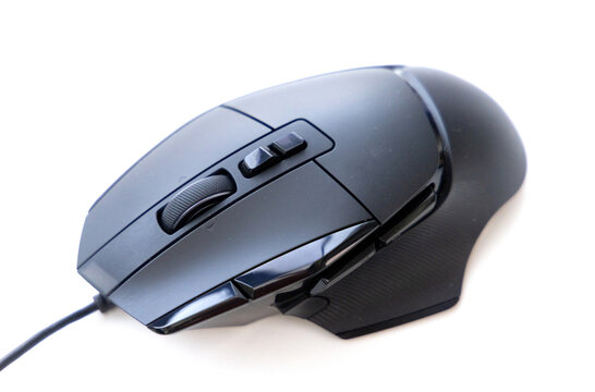Black wired gaming computer mouse on white background