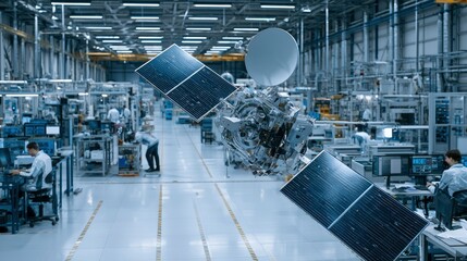 Naklejka premium Advanced Satellite Launch Vehicle in High-Tech Space Industry Facility