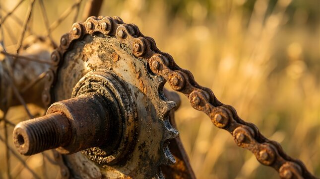 Close-up of a rusted bicycle gear and chain outdoors in golden sunlight