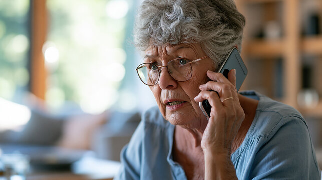 Photorealistic stock photo of an elderly woman decisively ending a suspicious phone call after recognizing an unusual request for money, smartphone moving away from her ear as her