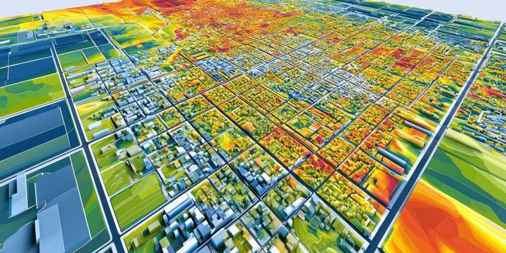 Colored Elevation Map of Urban City with Grid Layout and Green Spaces