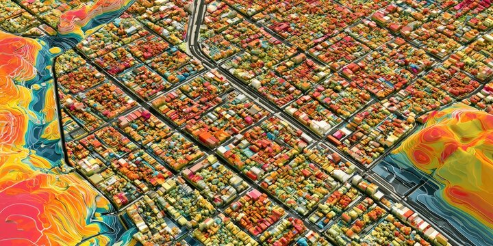 Vibrant Aerial View of City Neighborhoods with Streets and Surrounding Nature