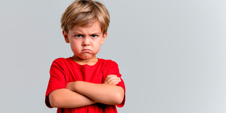 Studio portrait of angry little boy with folded arms feigning temper tantrum