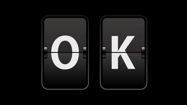 Flip text animation of a board showing the word ok with transparent background video & looping alpha channel.