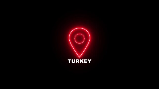 Red neon location pin icon with the text TURKEY , Country GPS location tracking icon. map pointer navigation and place tracker icon.
