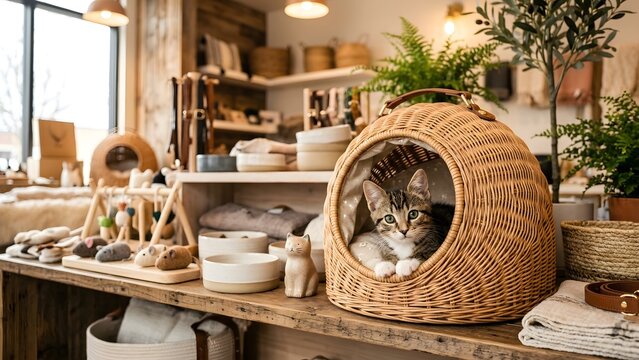 Adorable tabby kitten resting inside a cozy wicker cat bed in a rustic boutique.