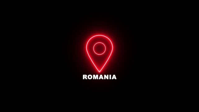 Red neon location pin icon with the text ROMANIA , Country GPS location tracking icon. map pointer navigation and place tracker icon.