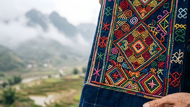 Close-up of colorful ethnic embroidery on fabric with blurred rice terraces and misty mountains in the background