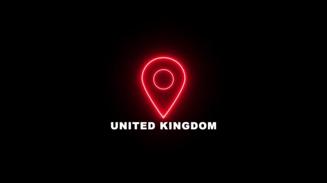 Red neon location pin icon with the text UNITED KINGDOM , Country GPS location tracking icon. map pointer navigation and place tracker icon.