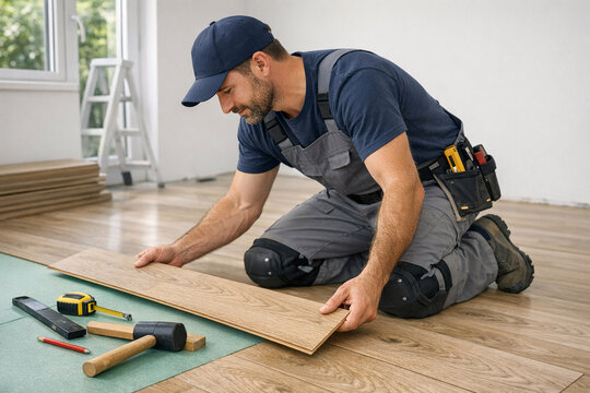 Man wearing work gear, kneeling on floor with tools and materials.